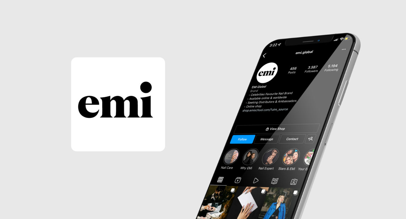 emi international logo on the left side and a cellular or a black mobile phone on the right side showing the Instagram profile and posted pictures of emi.